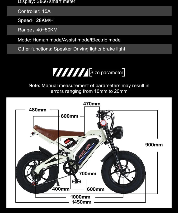 AKEZ 16inch Fat Tire electric bike kids to ride 350W Motor 36V 16AH Battery Full Suspension retro Electric Mountain Bicycle