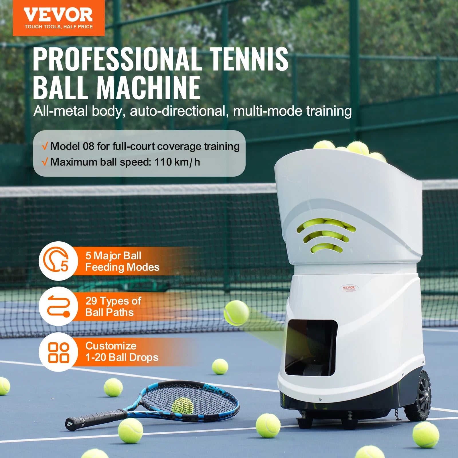 VEVOR Tennis Ball Machine Automatic Portable Launcher Multi-Mode Drills 2+ Hours Play Rechargeable Battery App Remote Control