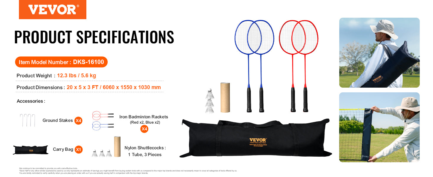 VEVOR 20FT Badminton Net Height Adjustable Volleyball Net Wide Foldable Pickleball Net Portable Tennis Net Set with Poles Stand