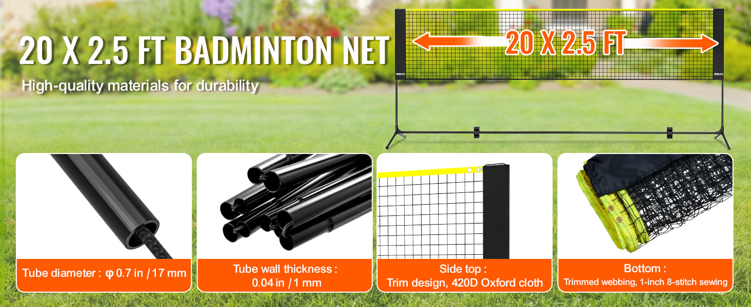 VEVOR 20FT Badminton Net Height Adjustable Volleyball Net Wide Foldable Pickleball Net Portable Tennis Net Set with Poles Stand