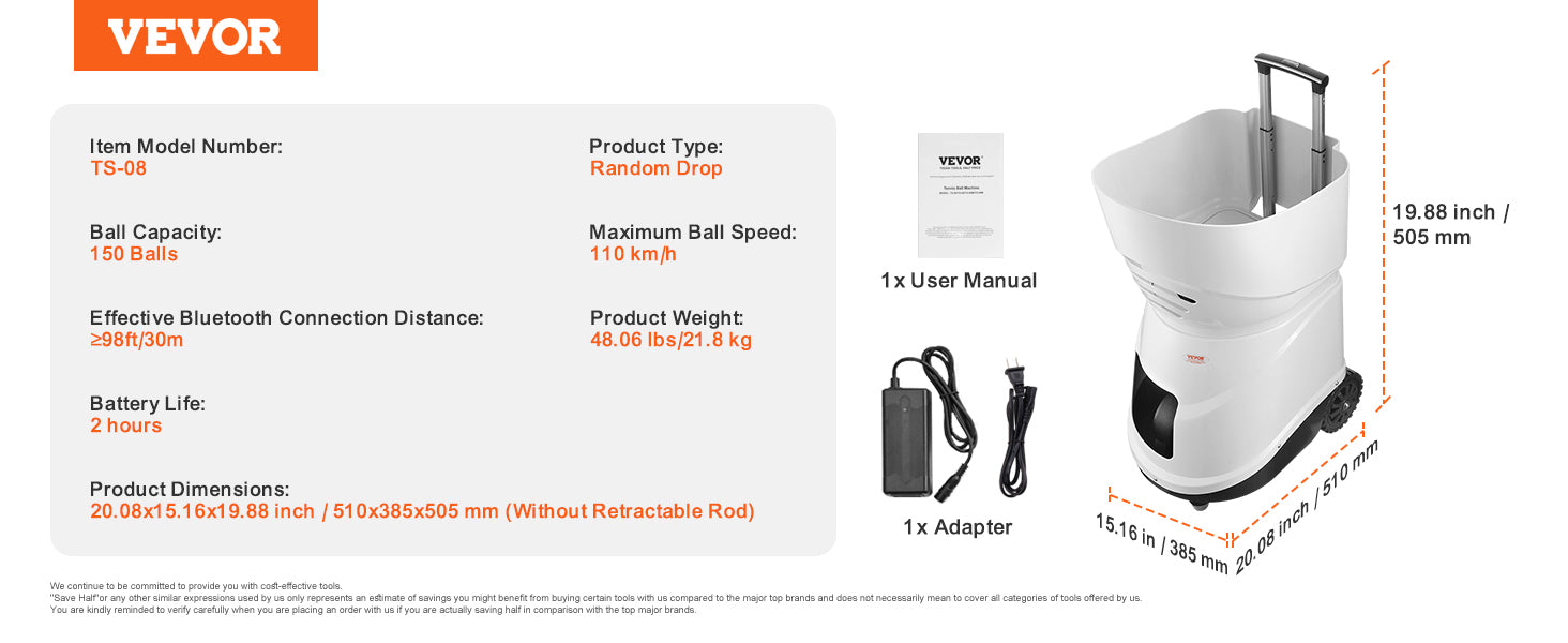 VEVOR Tennis Ball Machine Automatic Portable Launcher Multi-Mode Drills 2+ Hours Play Rechargeable Battery App Remote Control