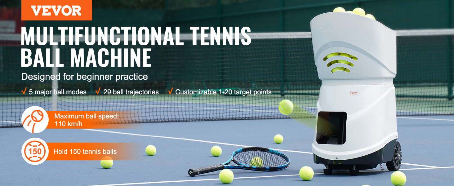 VEVOR Tennis Ball Machine Automatic Portable Launcher Multi-Mode Drills 2+ Hours Play Rechargeable Battery App Remote Control