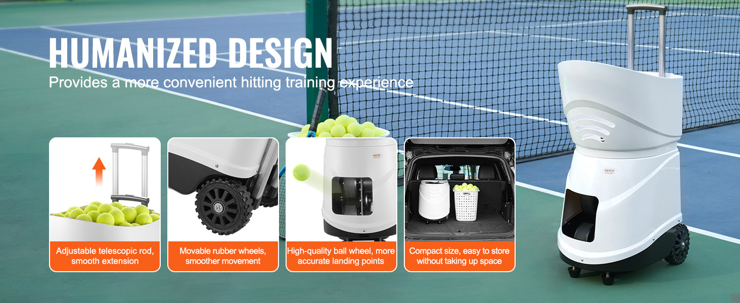 VEVOR Tennis Ball Machine Automatic Portable Launcher Multi-Mode Drills 2+ Hours Play Rechargeable Battery App Remote Control